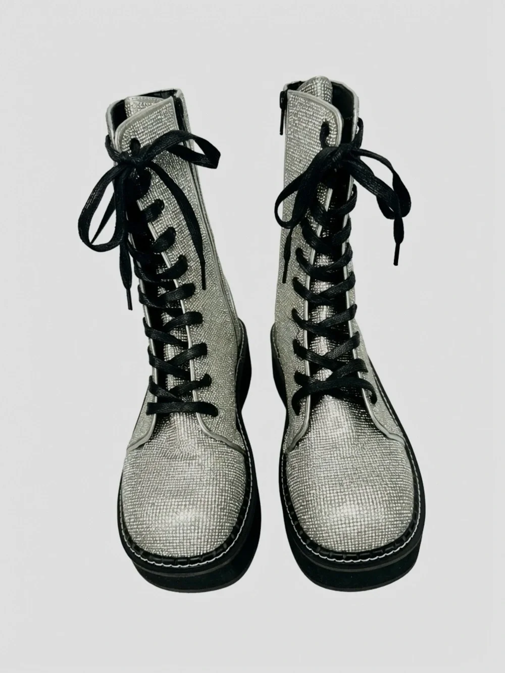 Demonia Emily-362 Silver Rhinestone Platform Combat Boots